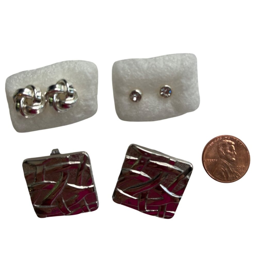 Silver Square Knot & Crystal Stud Pierced Earrings Set Of 3 A280
